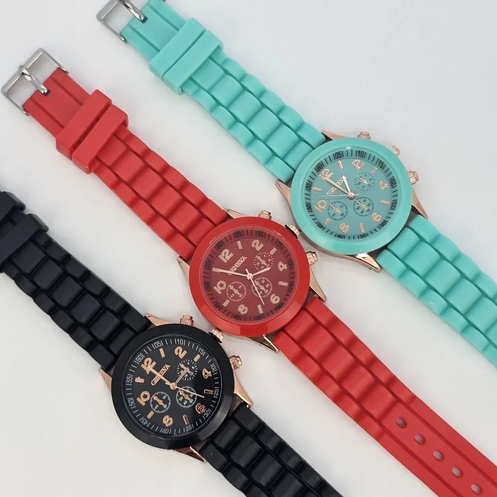 3X Analog Women's Fashion Watches 38MM Black Red Teal Dial‎ Plastic Band Straps